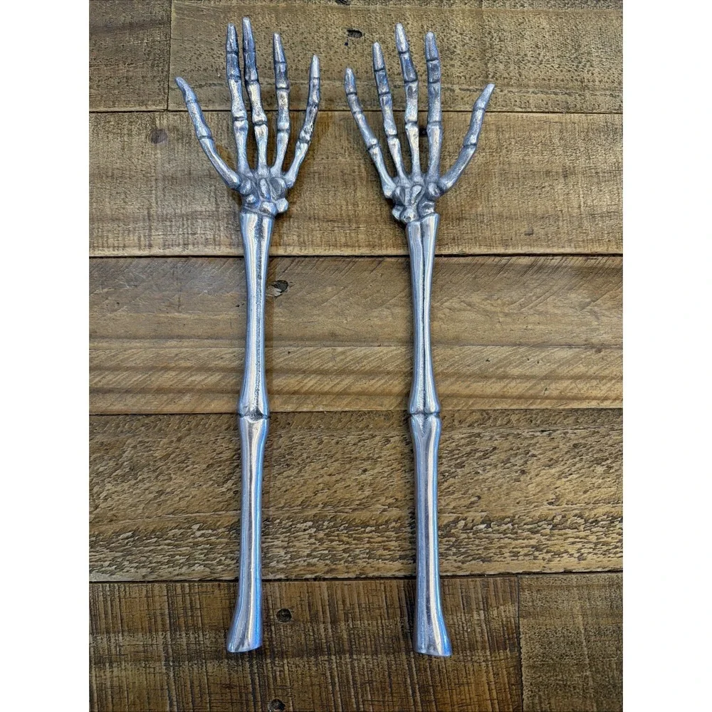 Pottery Barn Skeleton Hands Serving Set Halloween - Metal Salad Servers